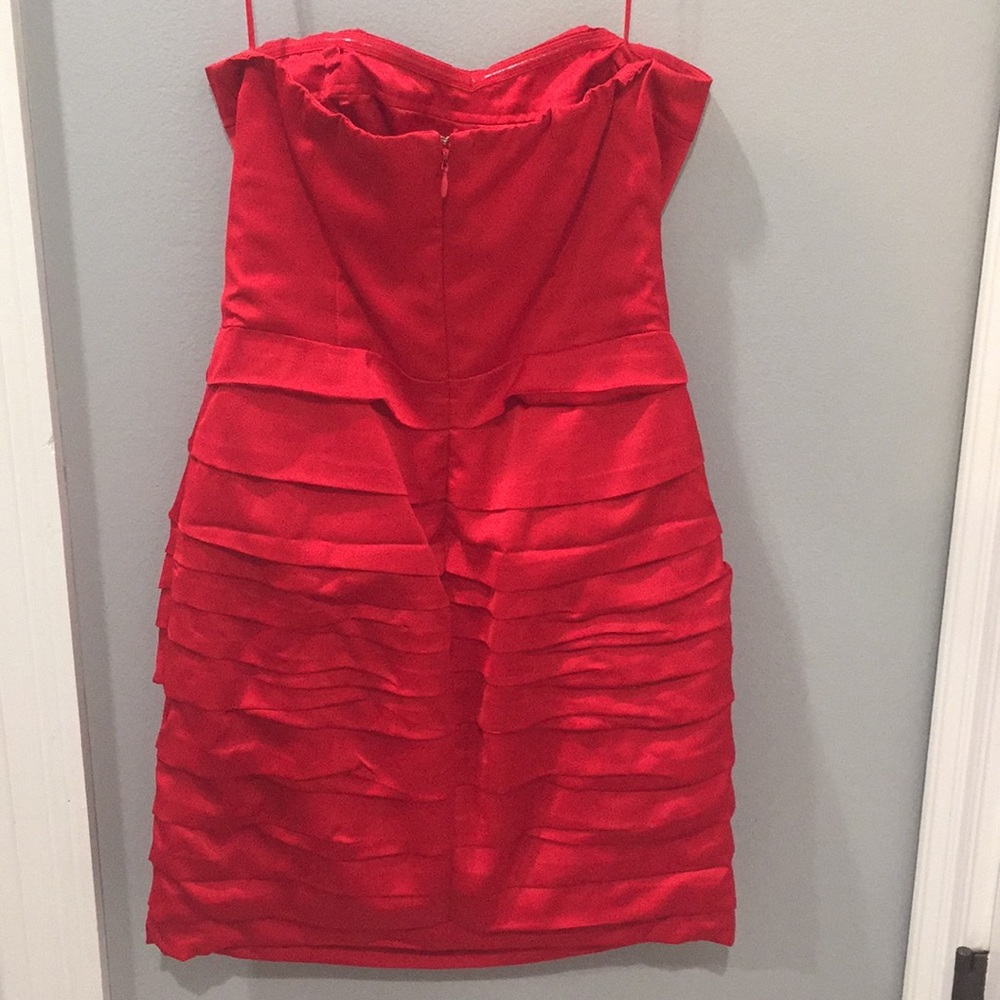 Express Red Shiny Ruched Strapless Dress - Picture 2 of 6